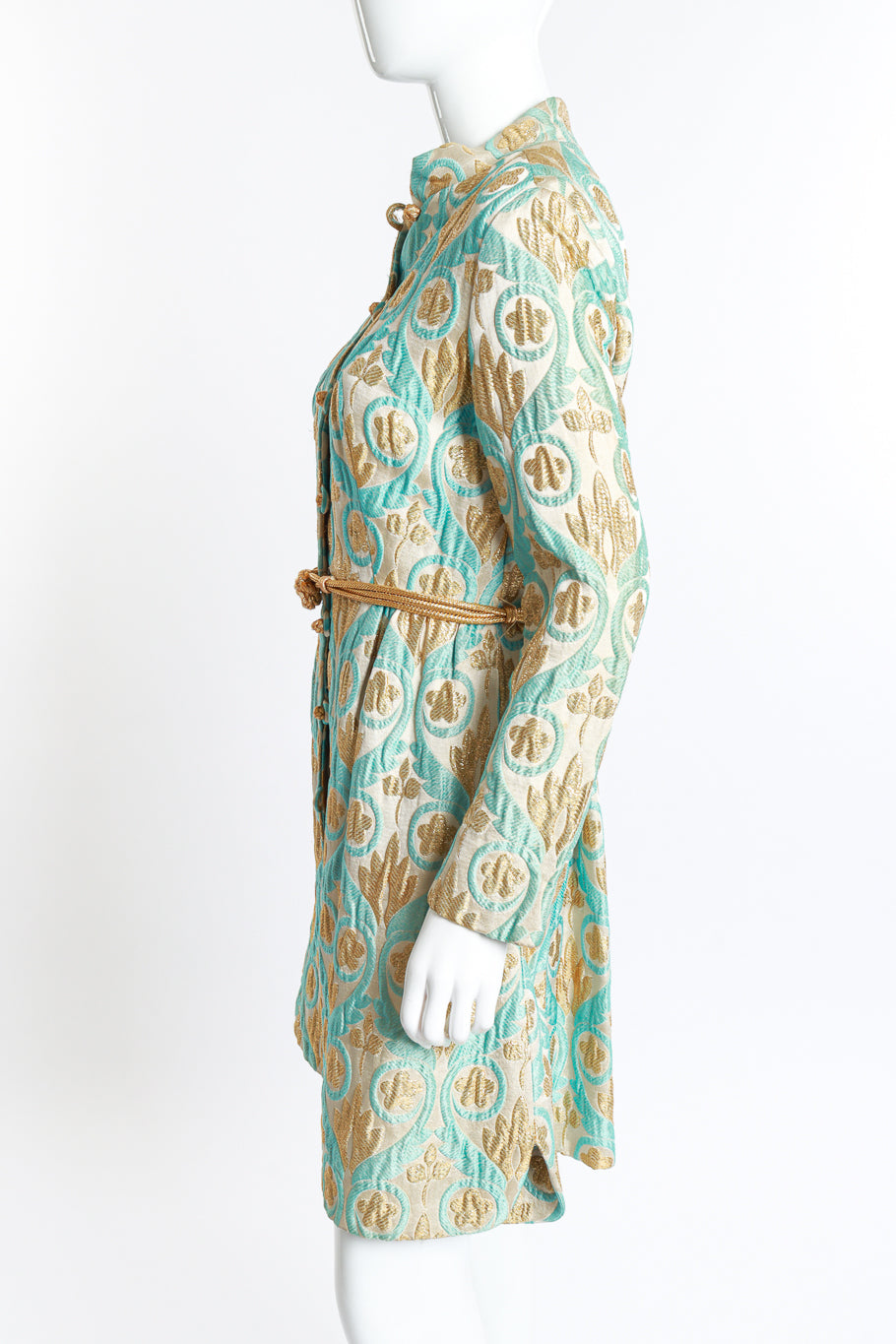 Vintage Victor Costa gold lurex floral embroidered evening coat left sleeve view on mannequin @RECESS LA