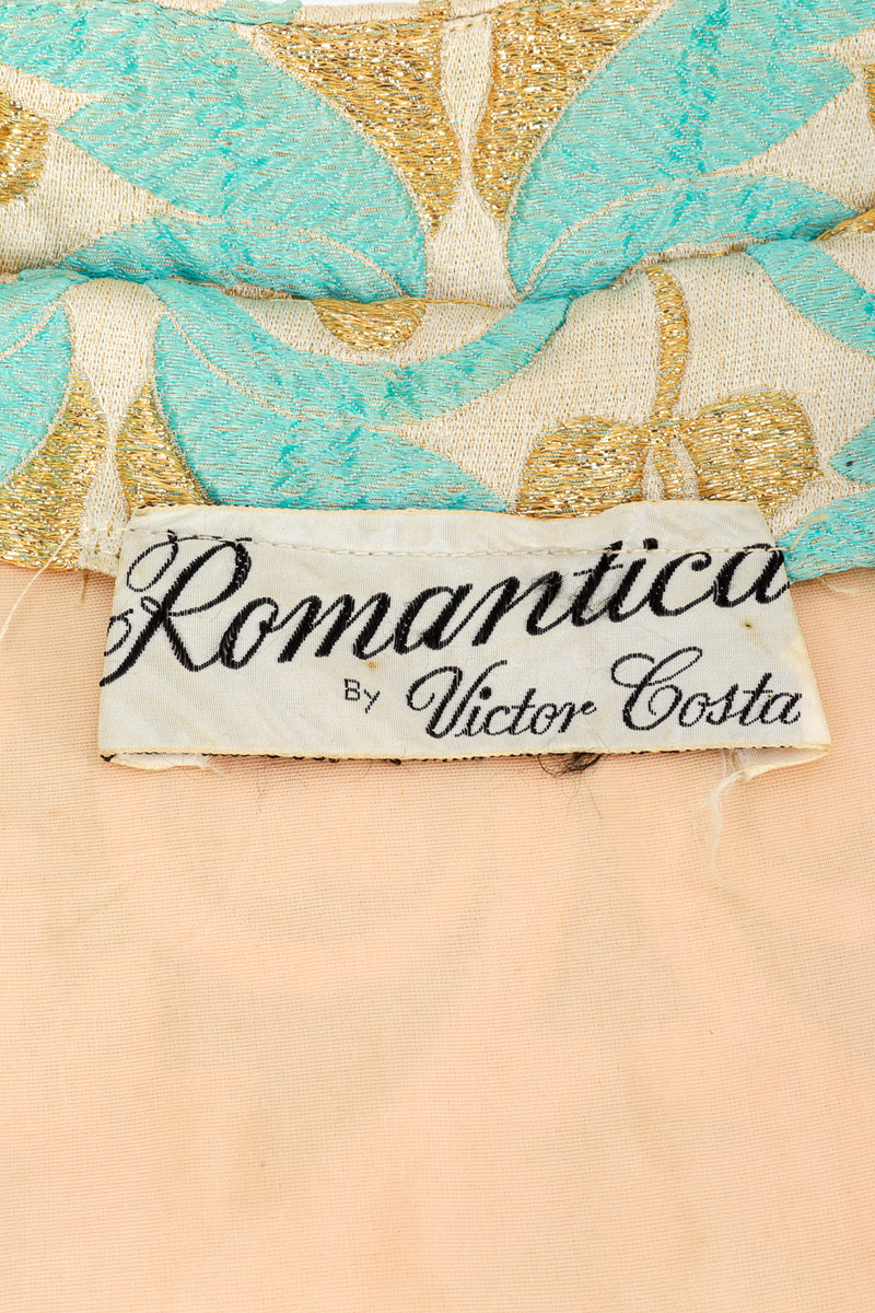Vintage Victor Costa gold lurex floral embroidered evening coat flat lay detail view of the makers label reading "Romantica by Victor Costa"@RECESS LA