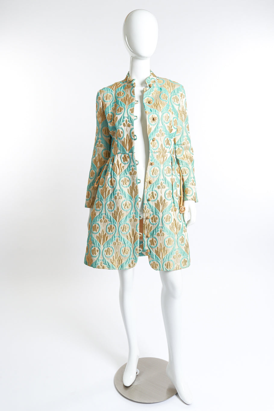Vintage Victor Costa gold lurex floral embroidered evening coat as worn open on mannequin @RECESS LA