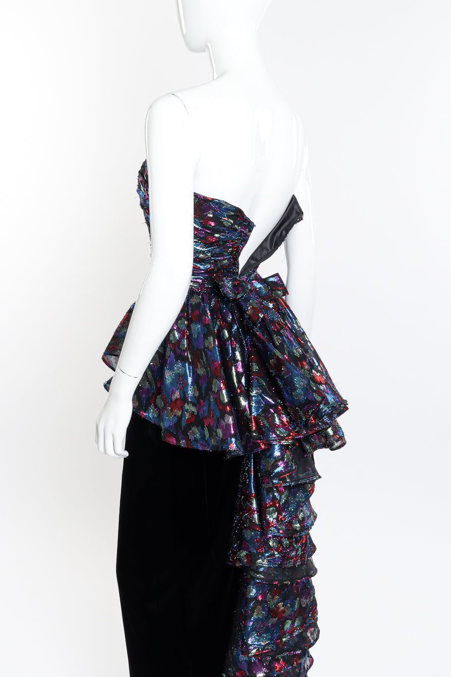 Vintage Victor Costa Metallic Velvet Ruffle Dress 3/4 back on mannequin closeup @recess la