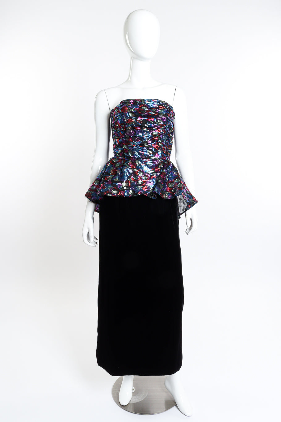 Vintage Victor Costa Metallic Velvet Ruffle Dress front on mannequin @recess la