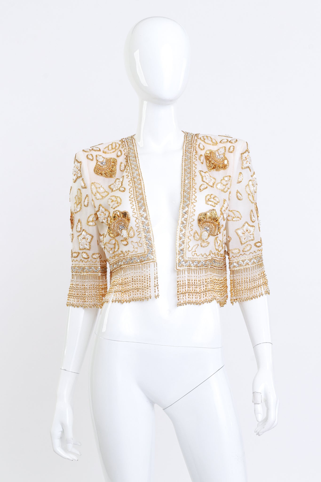 Vintage Victoria Royal Beaded Organza Crop Jacket front on mannequin @recess la