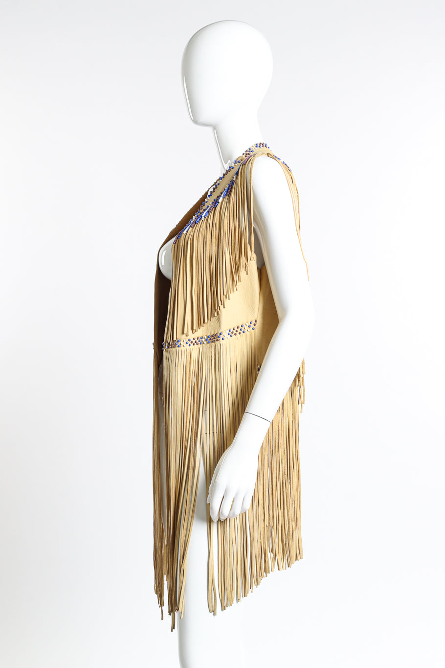 Vintage Leather Fringe Beaded Vest left side view on mannequin @Recess LA