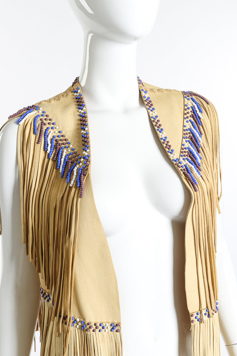 Vintage Leather Fringe Beaded Vest close up of vest on mannequin @Recess LA