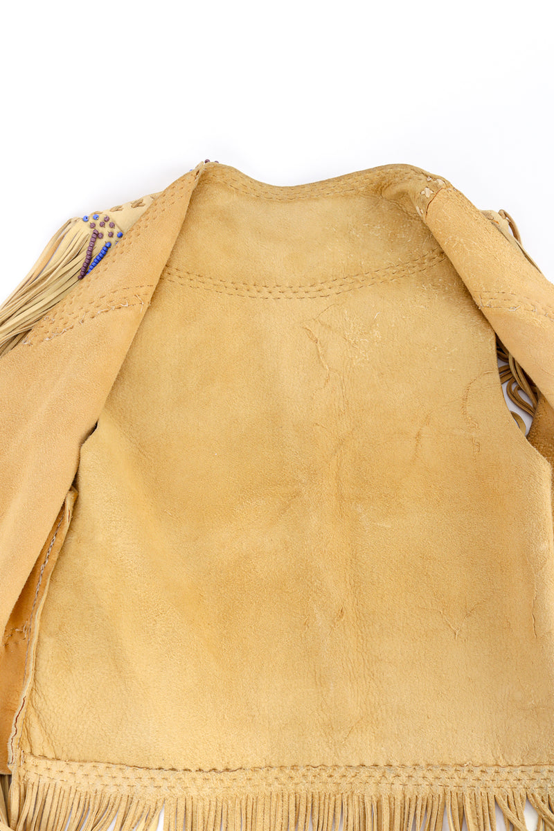Vintage Leather Fringe Beaded Vest inside view of vest lining showing signs of wear @Recess LA