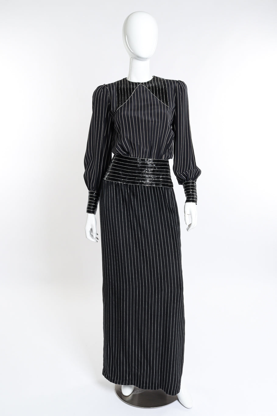 Vintage Adele Simpson Beaded Pinstripe Dress front on mannequin @recess la