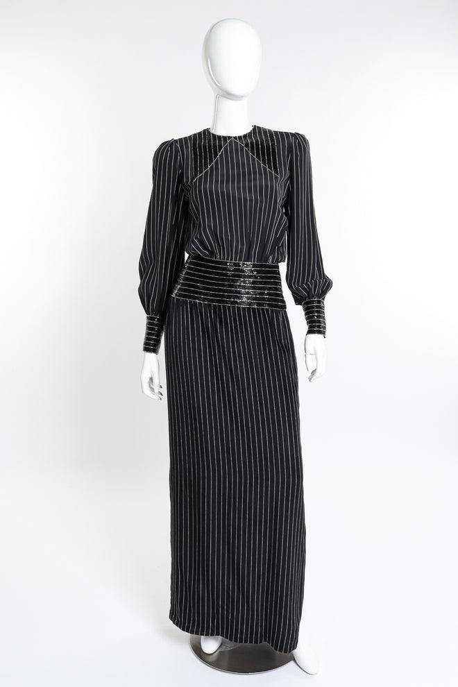 Vintage Adele Simpson Beaded Pinstripe Dress front on mannequin @recess la