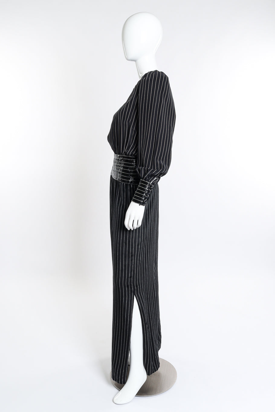 Vintage Adele Simpson Beaded Pinstripe Dress side on mannequin @recess la