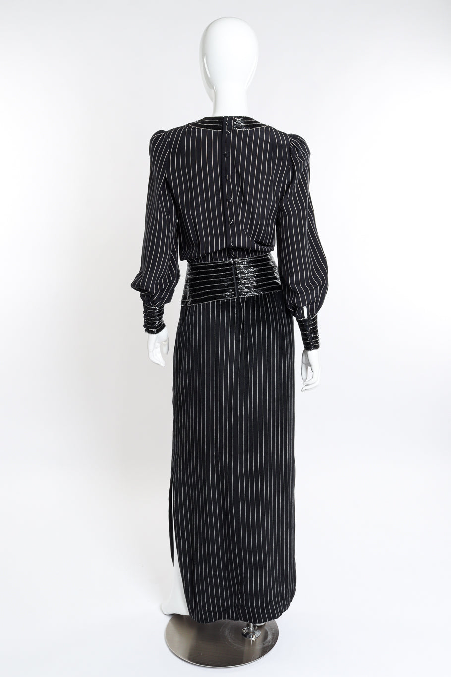Vintage Adele Simpson Beaded Pinstripe Dress back on mannequin @recess la