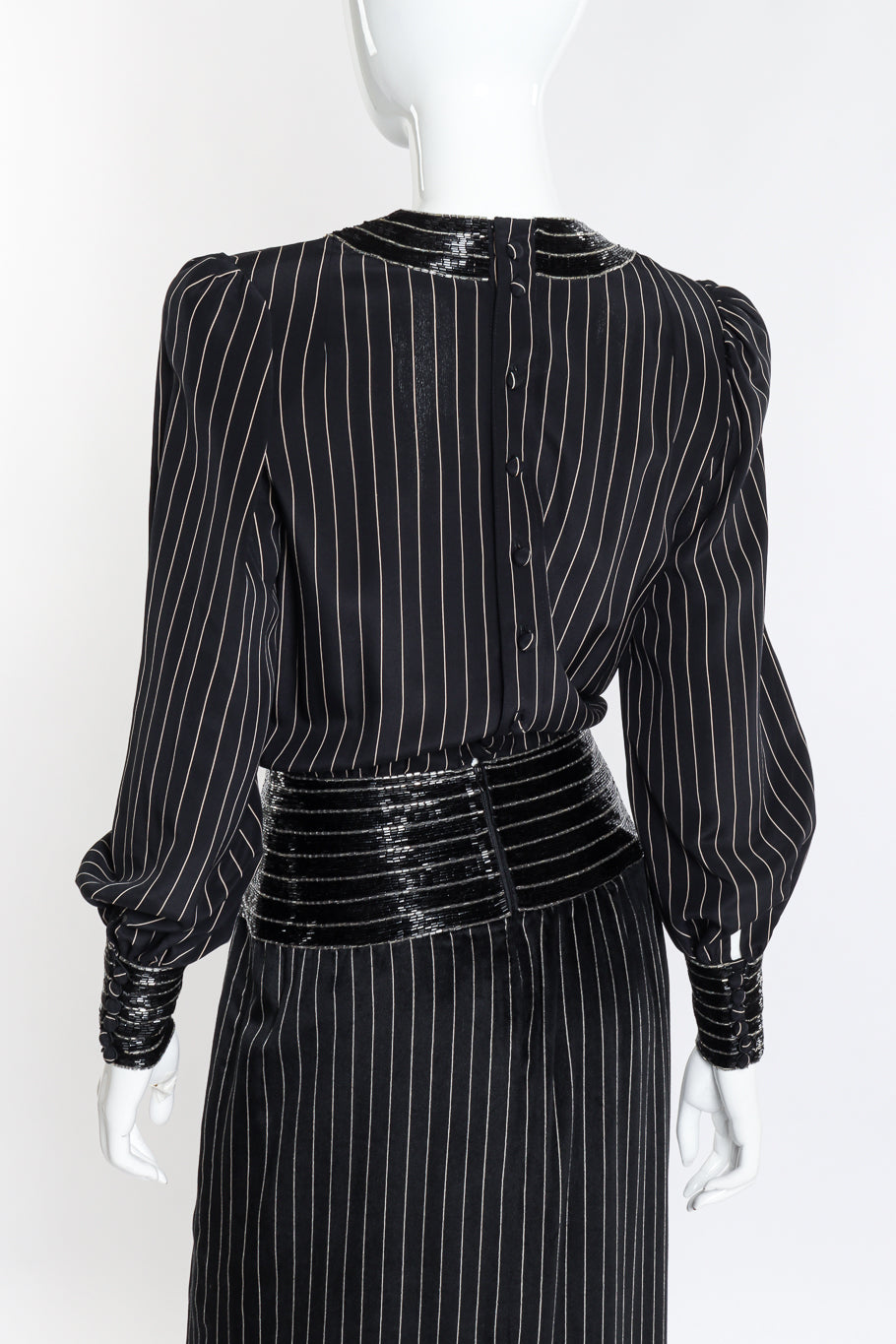 Vintage Adele Simpson Beaded Pinstripe Dress back on mannequin closeup @recess la 