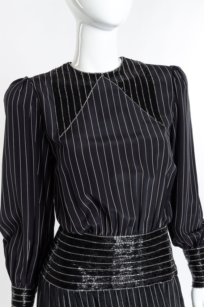 Vintage Adele Simpson Beaded Pinstripe Dress front on mannequin closeup @recess la