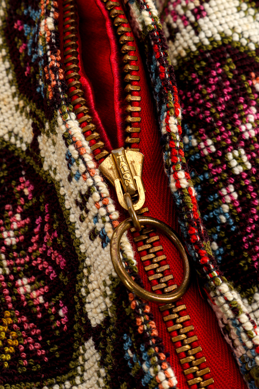 Vintage Geometric Tapestry Cape zipper closure closeup @recess la