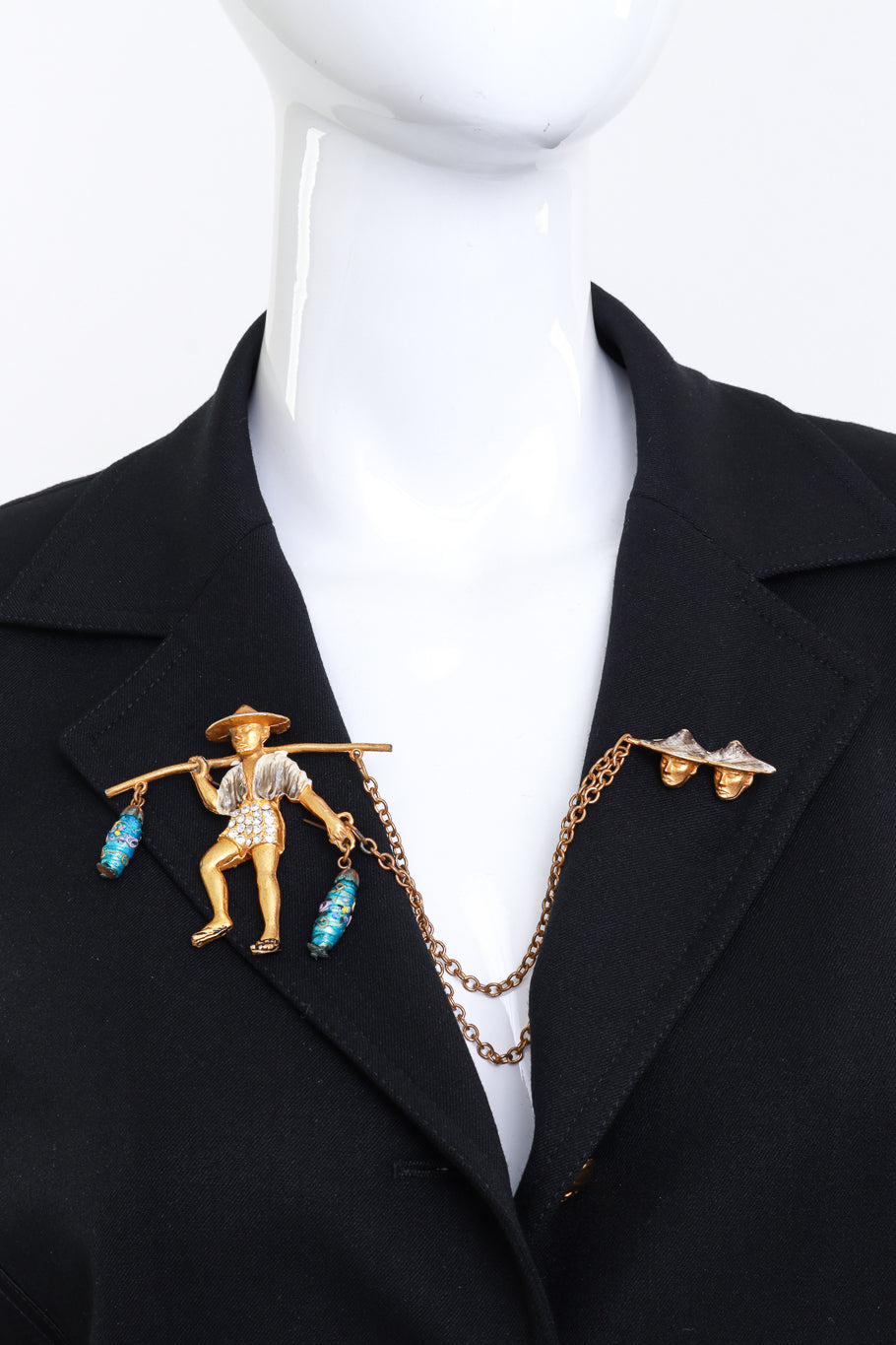 Louis C. Mark for Rice Weiner Double Pin Chinese Villager Chain Brooch on mannequin @RECESS LA