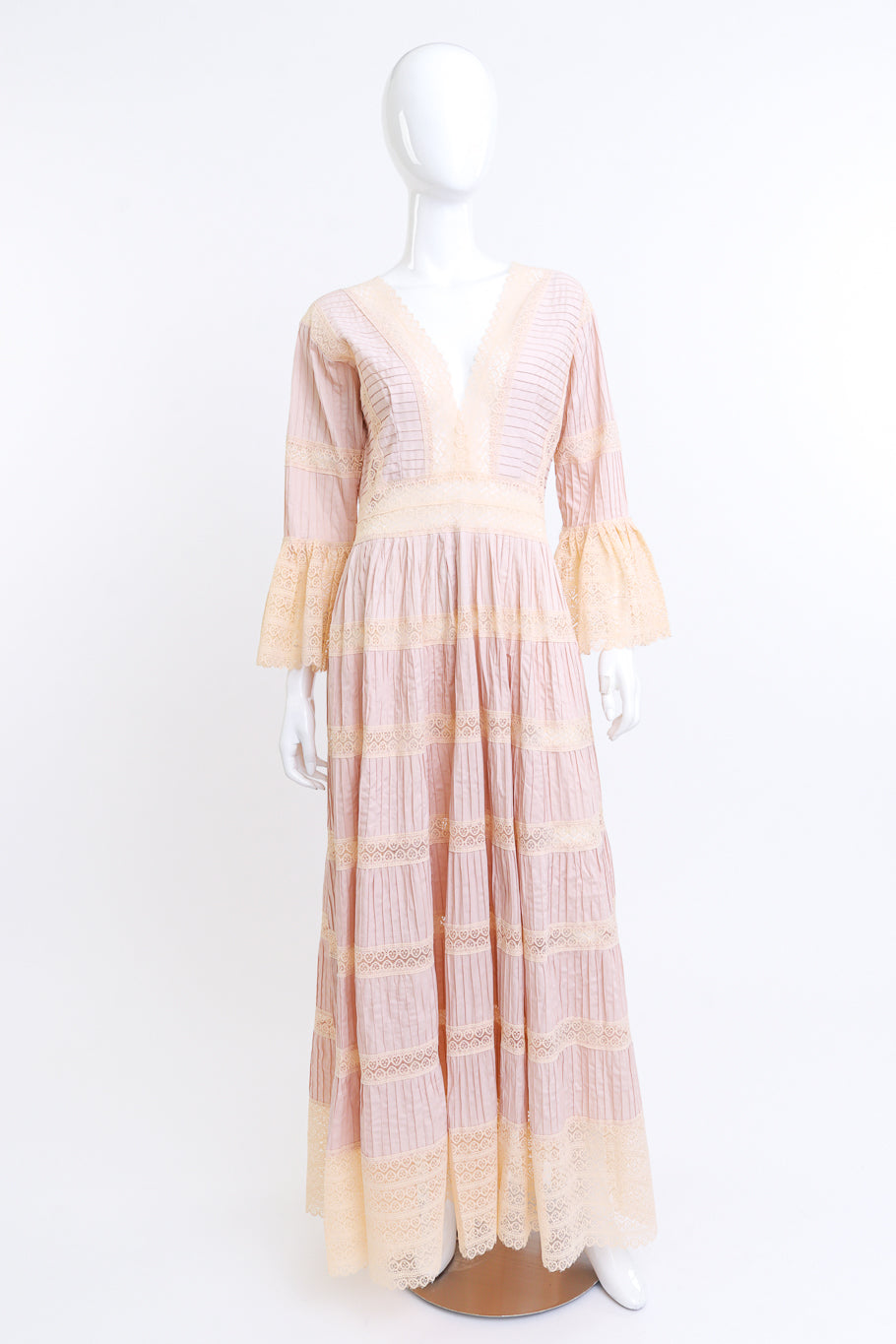 Vintage Blush Pink Mexican Pintuck Wedding Dress on mannequin @RECESS LA