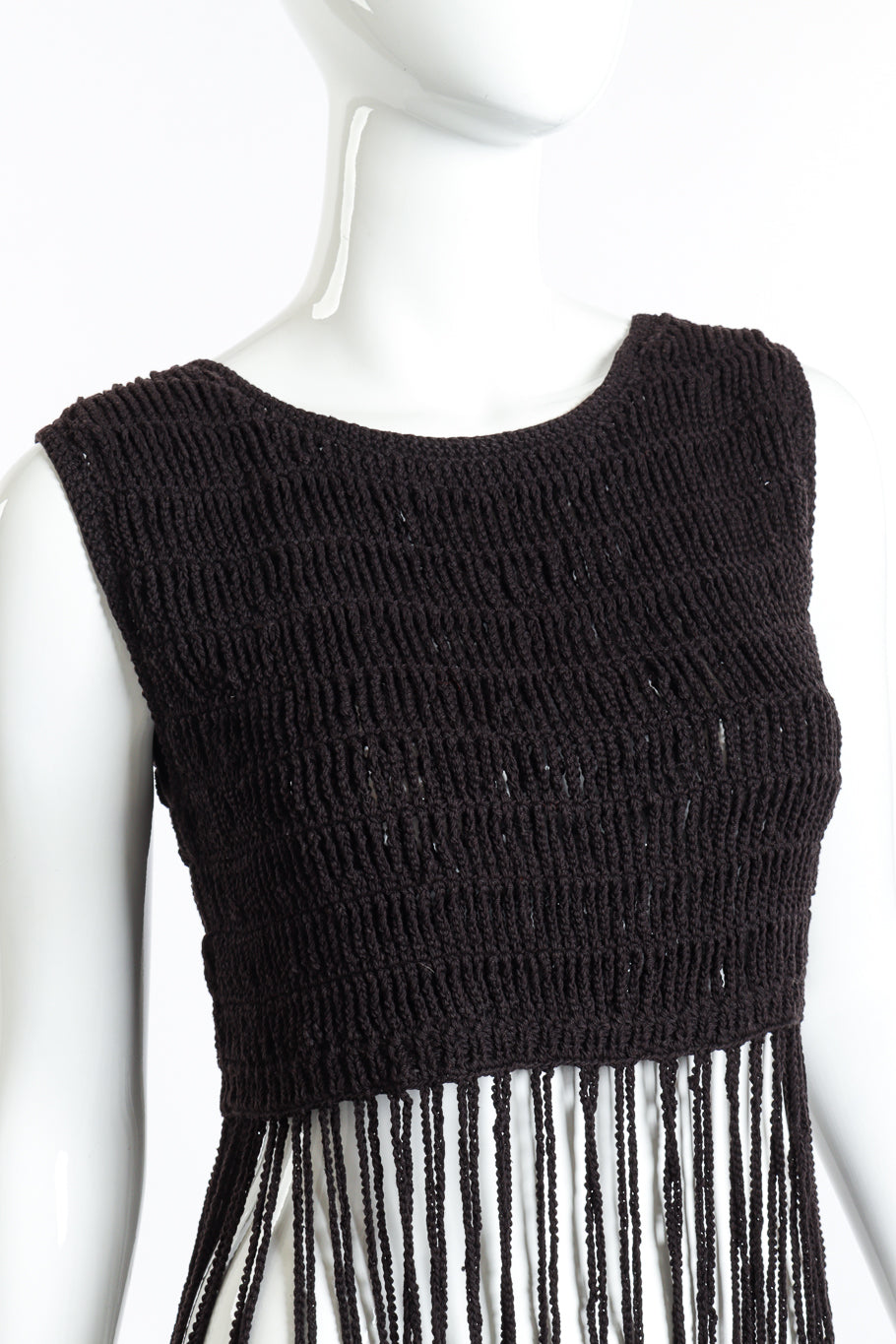 Vintage Vivienne Tam Crochet Fringe Crop Top front on mannequin closeup @recess la