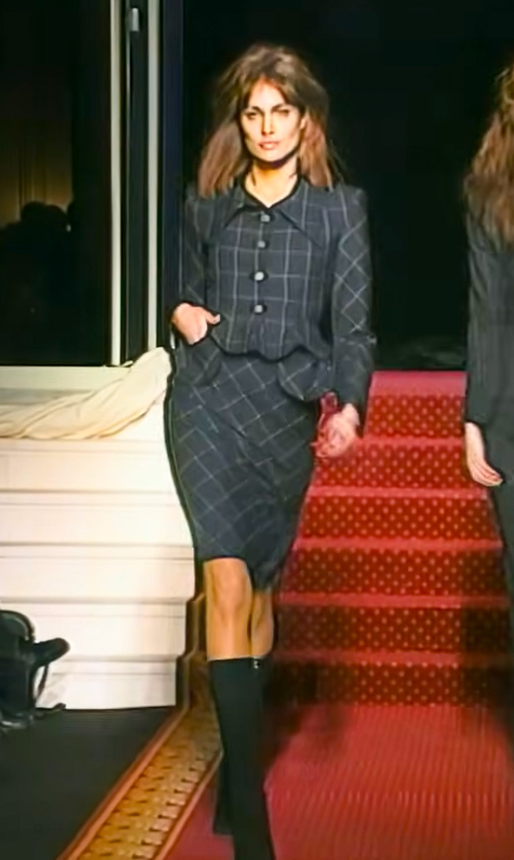 Vintage Windowpane Plaid Skirt Suit by Vivienne Westwood on model on 1999 runway
