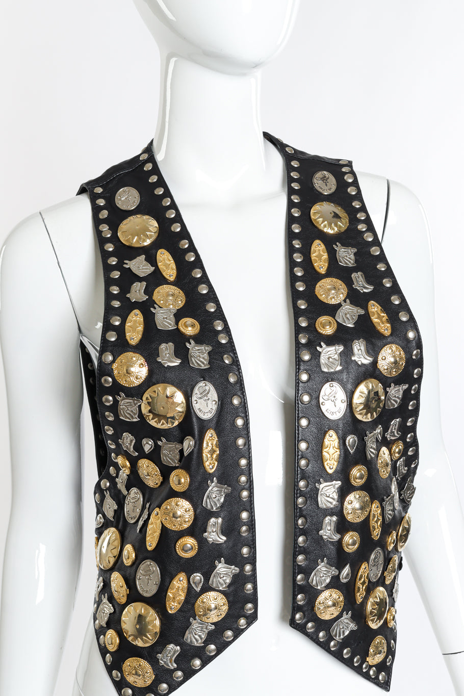 Vintage Western Fashion of California Western Motif Studded Leather Vest front on mannequin closeup @recess la