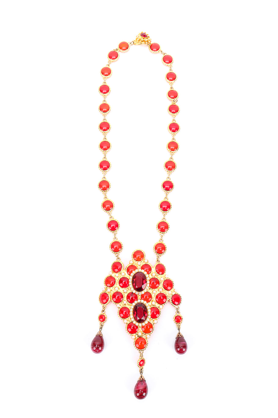 Vintage DeLillo Ruby Drop Pendant Necklace front view on white backdrop @Recessla