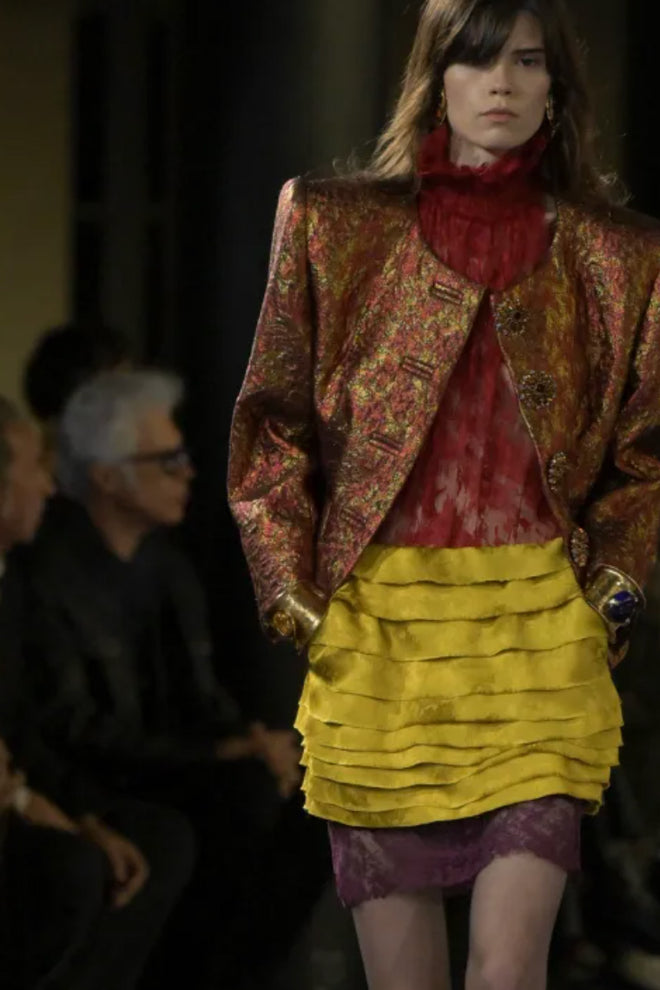 Amber Cabochon Cuff by Yves Saint Laurent on model on 2025 runway 
