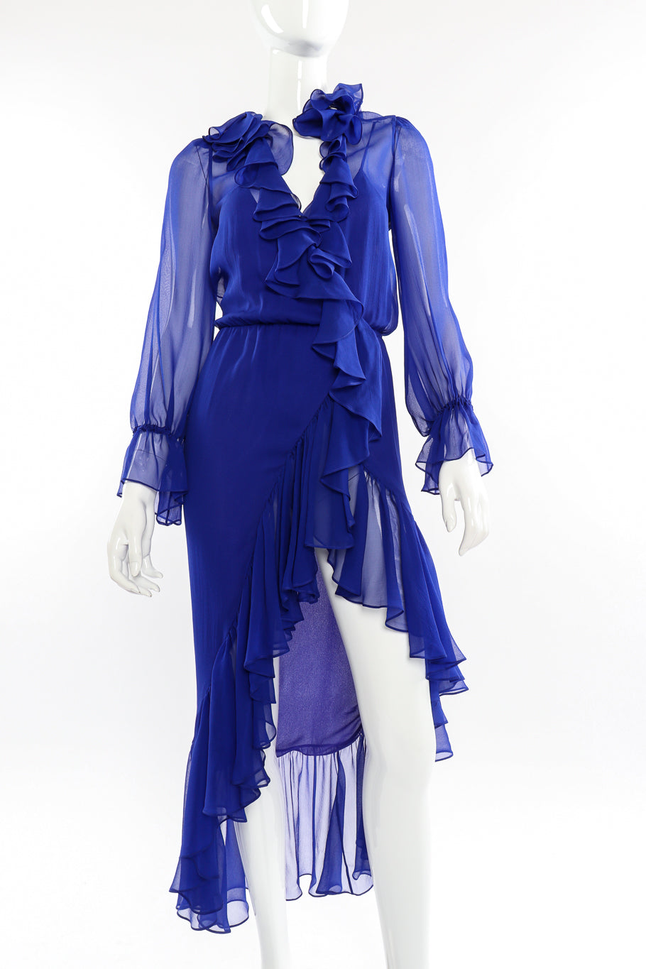 Saint Laurent 2020 Fall Sheer Silk Ruffle Dress front view on mannequin closeup @Recessla