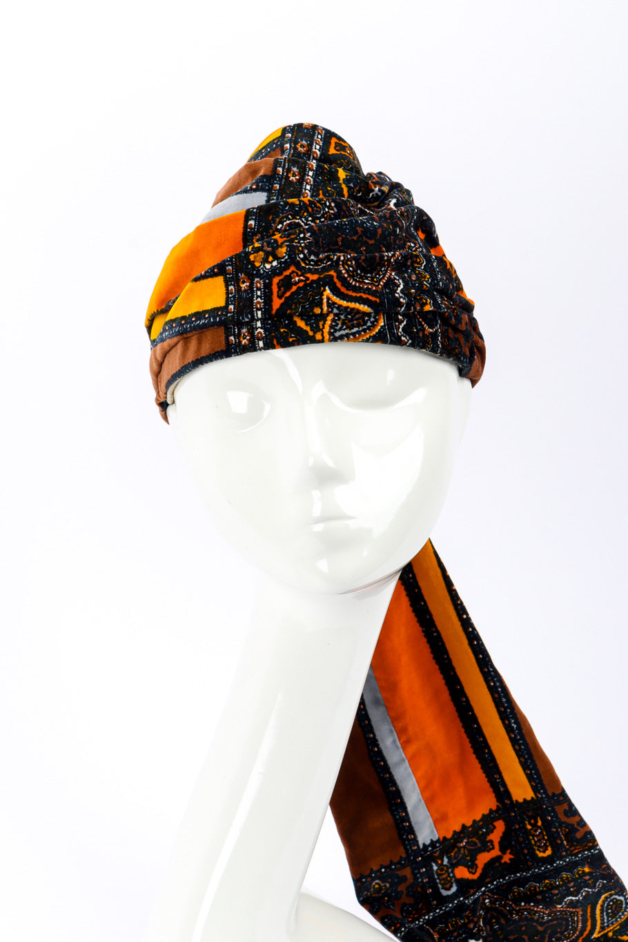 Velvet Paisley Turban Hat by Yves Saint Laurent on mannequin head @recessla