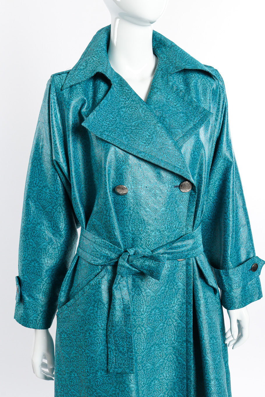 Vintage Yves Saint Laurent Damask Trench Coat front on mannequin closeup @recessla