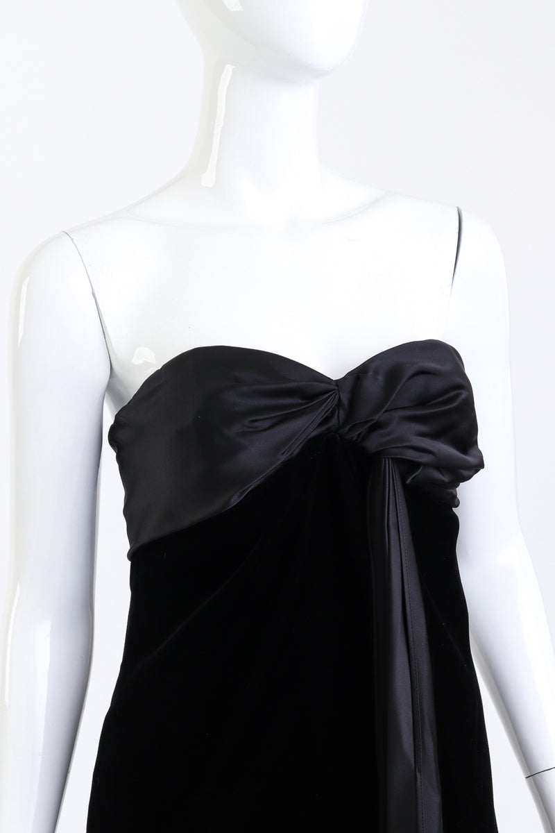 Vintage Yves Saint Laurent Strapless Velvet Cocktail Dress front on mannequin closeup @recess la