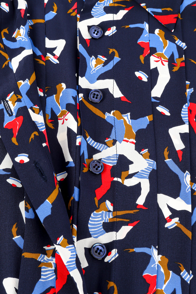 Vintage Yves Saint Laurent Sailor Print Silk Dress button closure closeup @Recessla