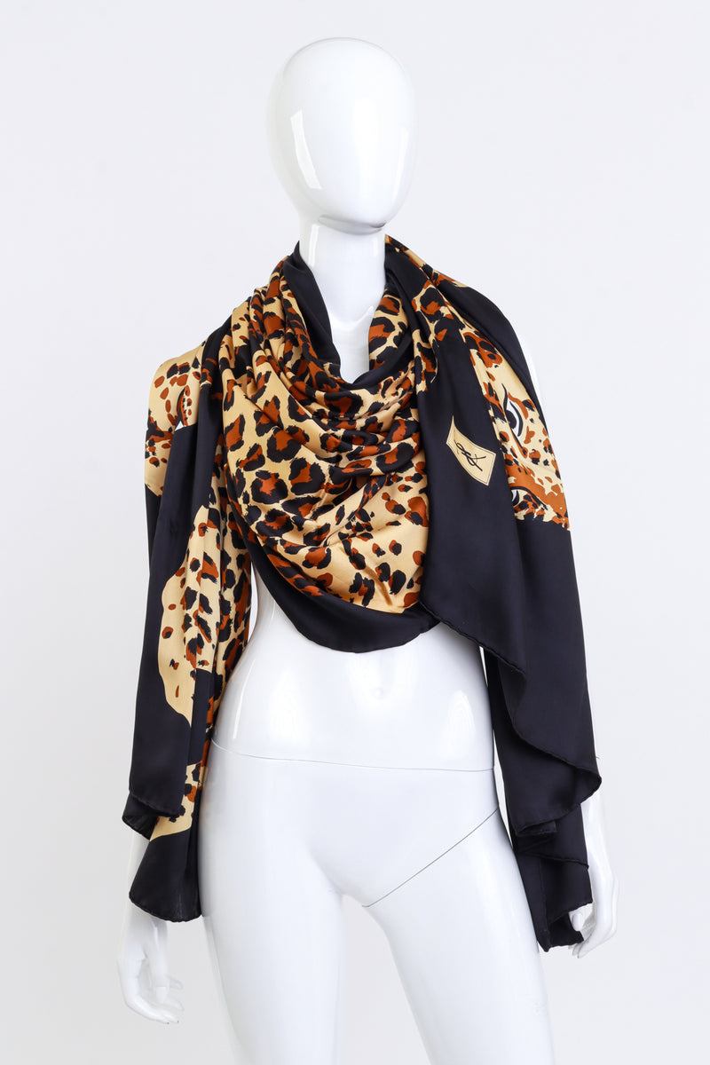 Vintage Yves Saint Laurent Oversized Prowl Of Leopards Shawl front draped on mannequin neck @recess la