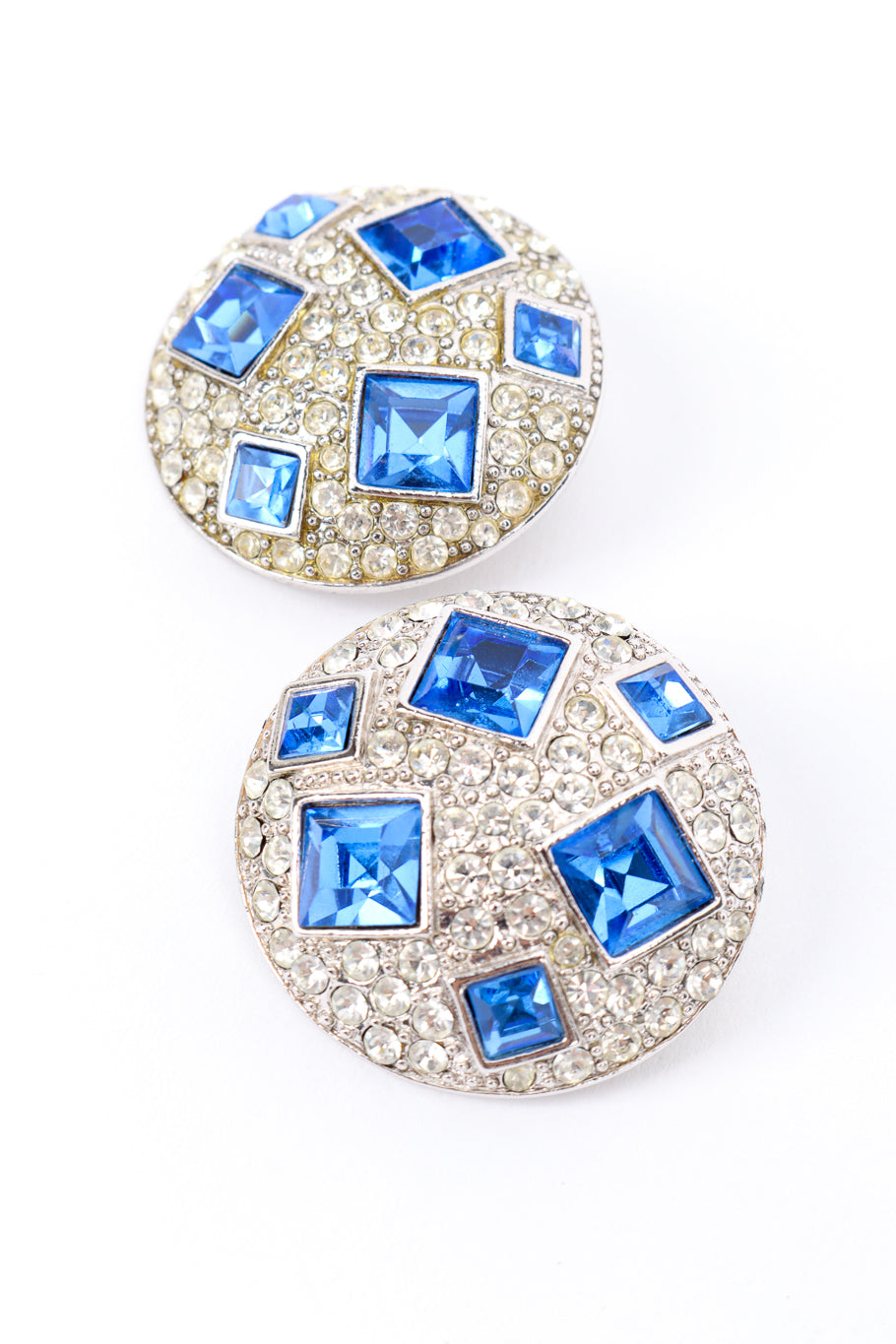 Vintage YSL Crystal Gem Button Earrings front closeup of tarnish @recess la
