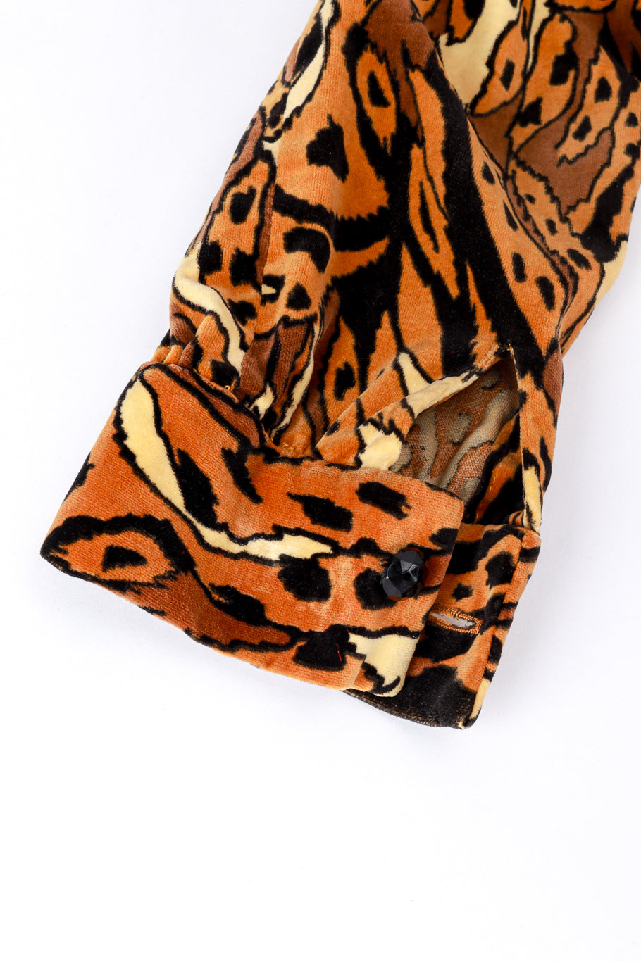 Vintage Young Edwardian Abstract Leopard Velvet Jacket & Pants suit close up flat lay detail of the jacket cuff @RECESS LA