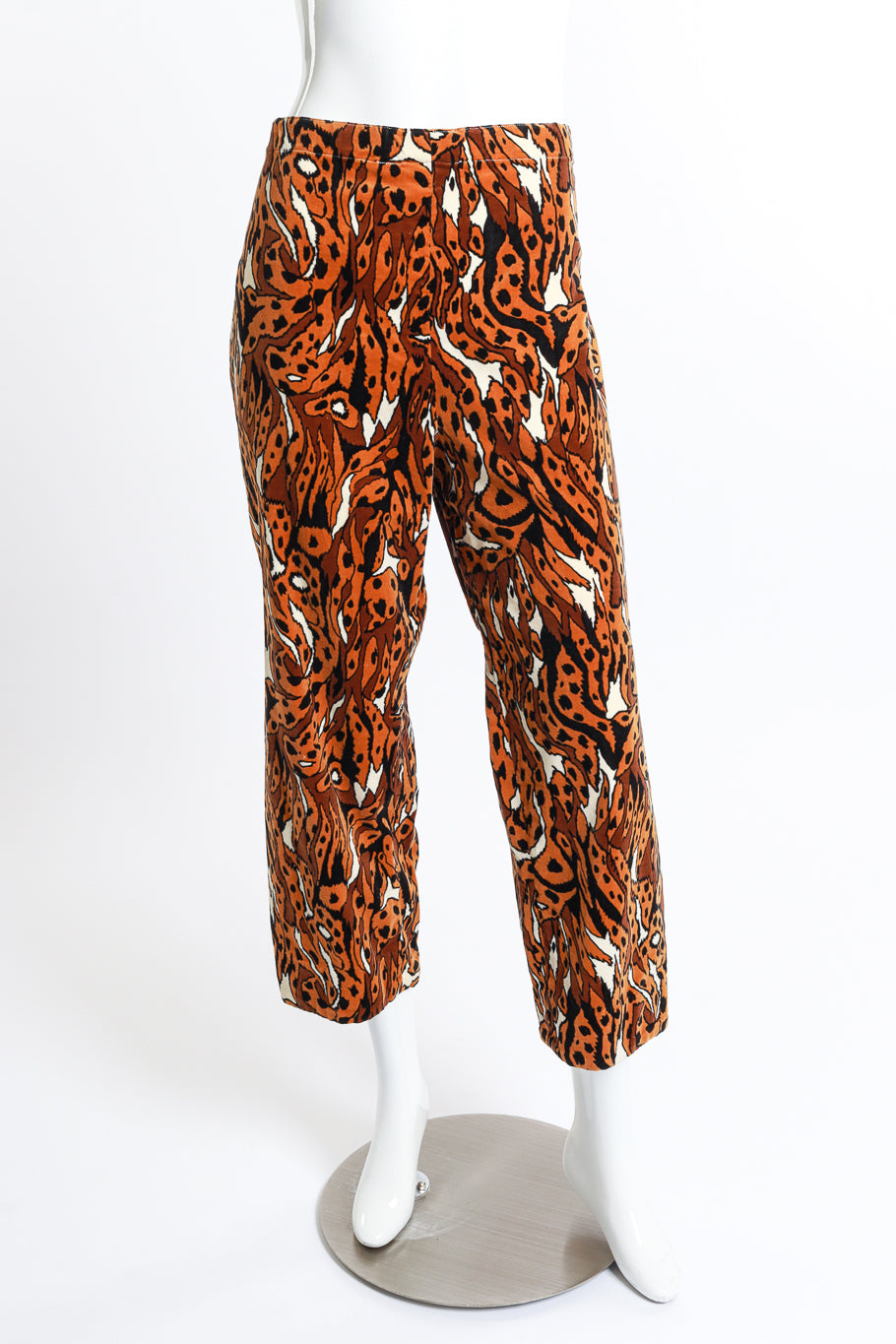 Vintage Young Edwardian Abstract Leopard Velvet Jacket & Pants suit front view of pants as worn on mannequin @RECESS LA