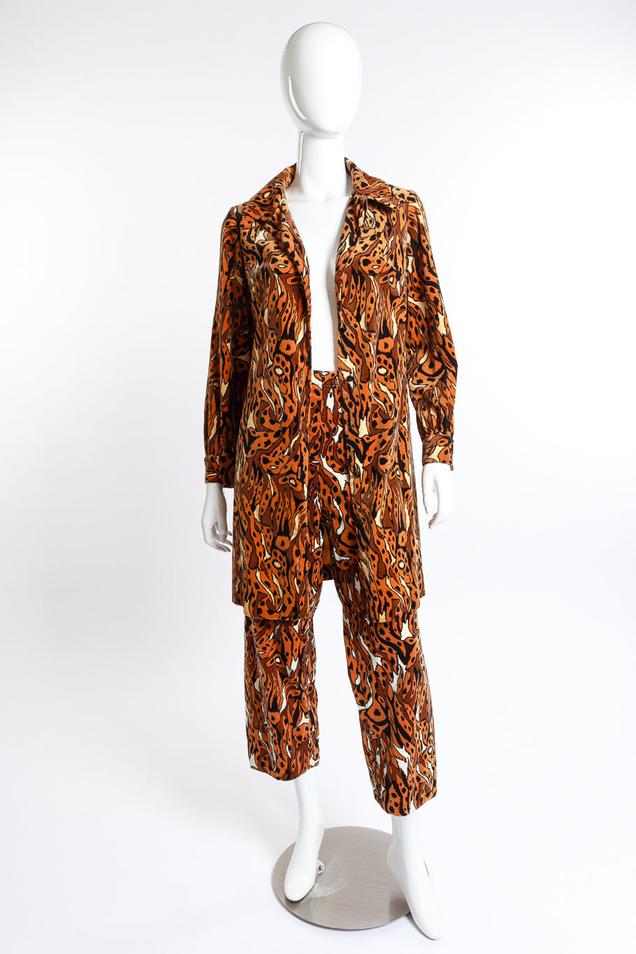 Vintage Young Edwardian Abstract Leopard Velvet Jacket & Pants suit front view with jacket open on mannequin @RECESS LA