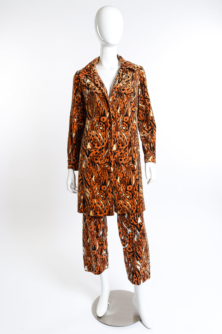 Vintage Young Edwardian Abstract Leopard Velvet Jacket & Pants suit front view as worn with jacket closed on mannequin @RECESS LA