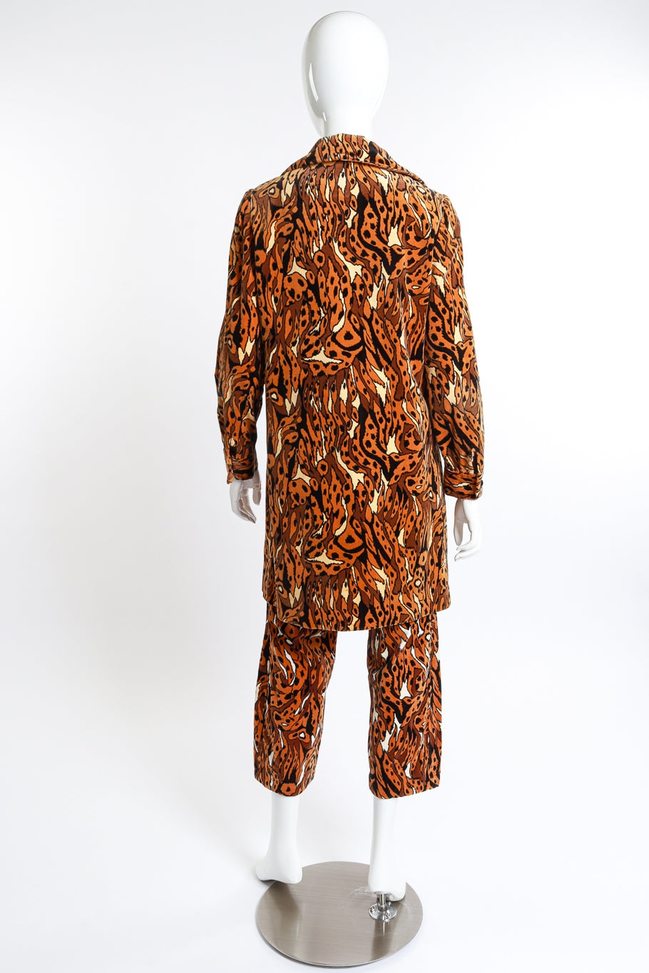 Vintage Young Edwardian Abstract Leopard Velvet Jacket & Pants suit rear view as worn on mannequin @RECESS LA
