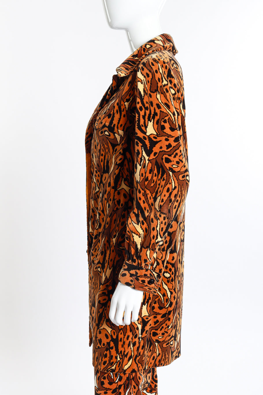 Vintage Young Edwardian Abstract Leopard Velvet Jacket & Pants suit left sleeve view as worn on mannequin @RECESS LA