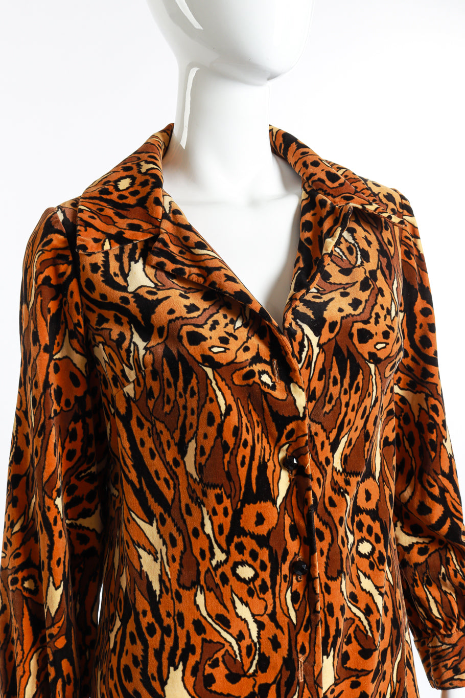 Vintage Young Edwardian Abstract Leopard Velvet Jacket & Pants suit close up detailed front view of jacket as worn on mannequin @RECESS LA