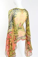 Vintage Zandra Rhodes Graphic Bell Sleeve Blouse 3/4 back on mannequin closeup @recess la