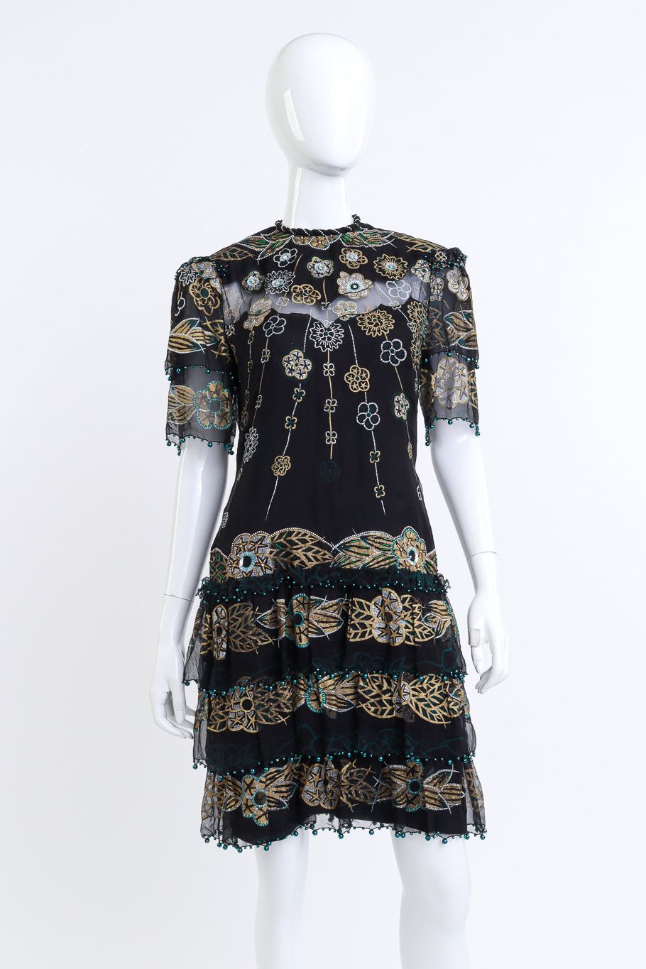 Zandra Rhodes Metallic Beaded Floral Silk Shift Dress on mannequin @RECESS LA