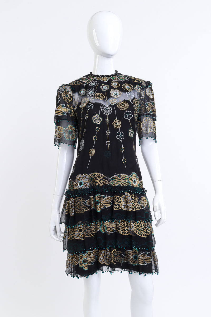 beaded tiered shift dress Tea Length Tiered Dress with Bugle Beads