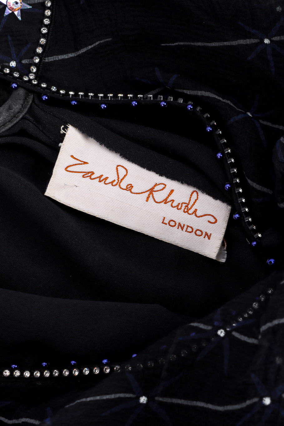 Vintage Zandra Rhodes Silk Skyline Deco Dress signature label closeup @recessla
