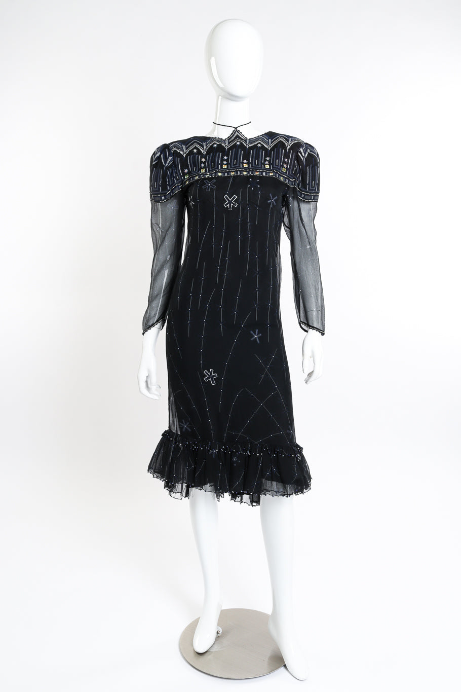 Vintage Zandra Rhodes Silk Skyline Deco Dress front on mannequin @recessla