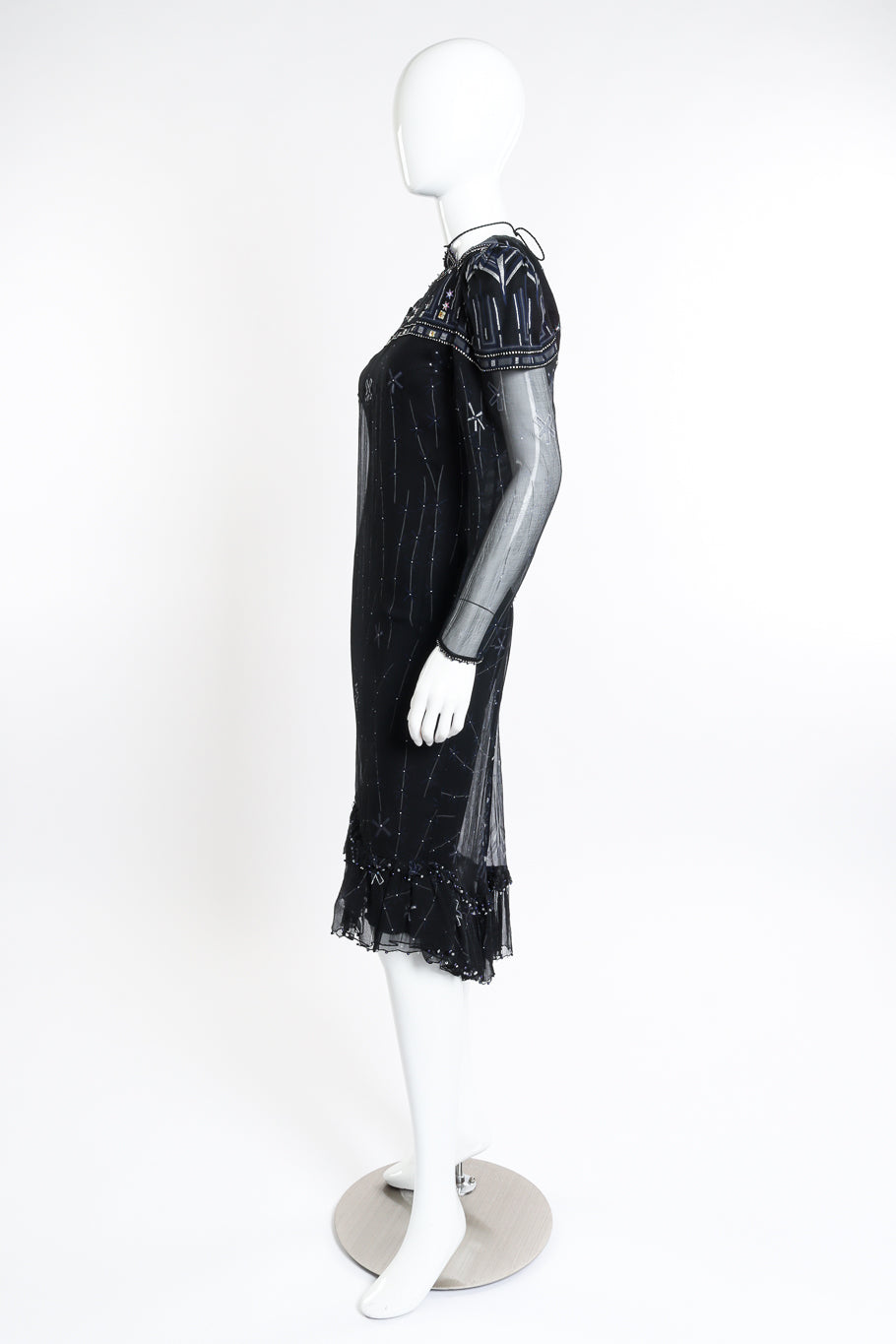 Vintage Zandra Rhodes Silk Skyline Deco Dress side on mannequin @recessla