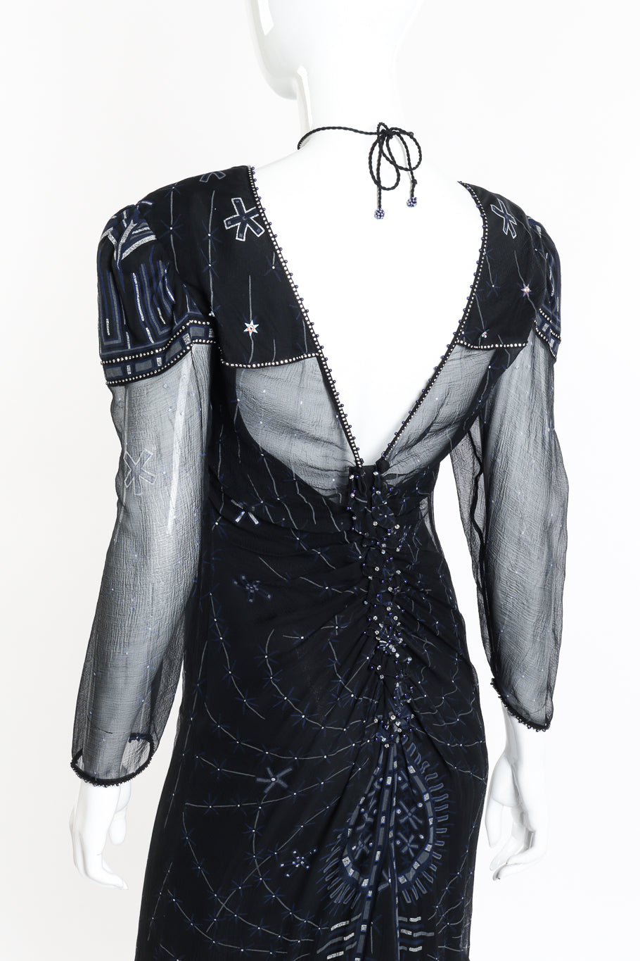 Vintage Zandra Rhodes Silk Skyline Deco Dress back on mannequin closeup @recessla