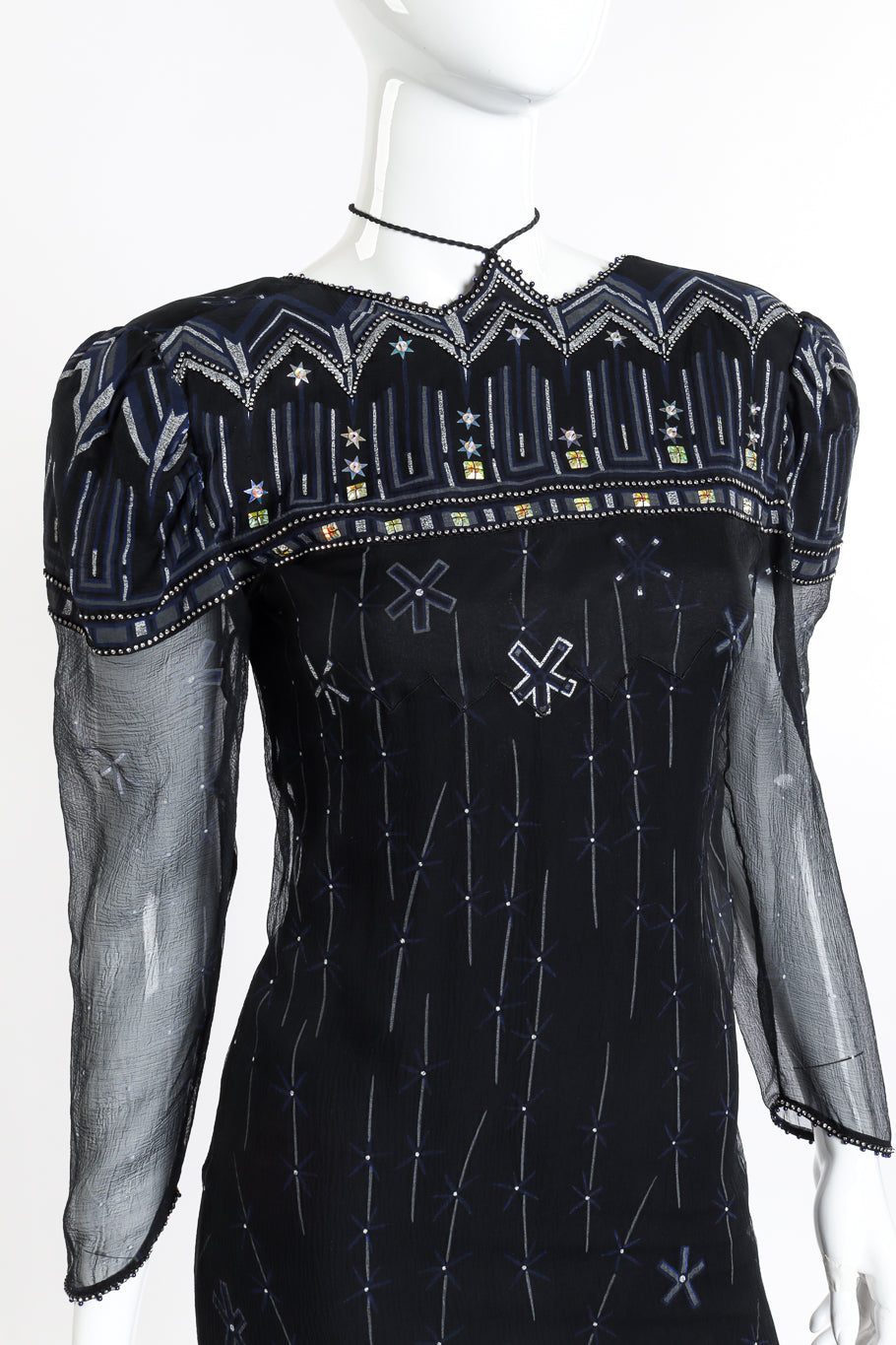 Vintage Zandra Rhodes Silk Skyline Deco Dress front on mannequin closeup @recessla