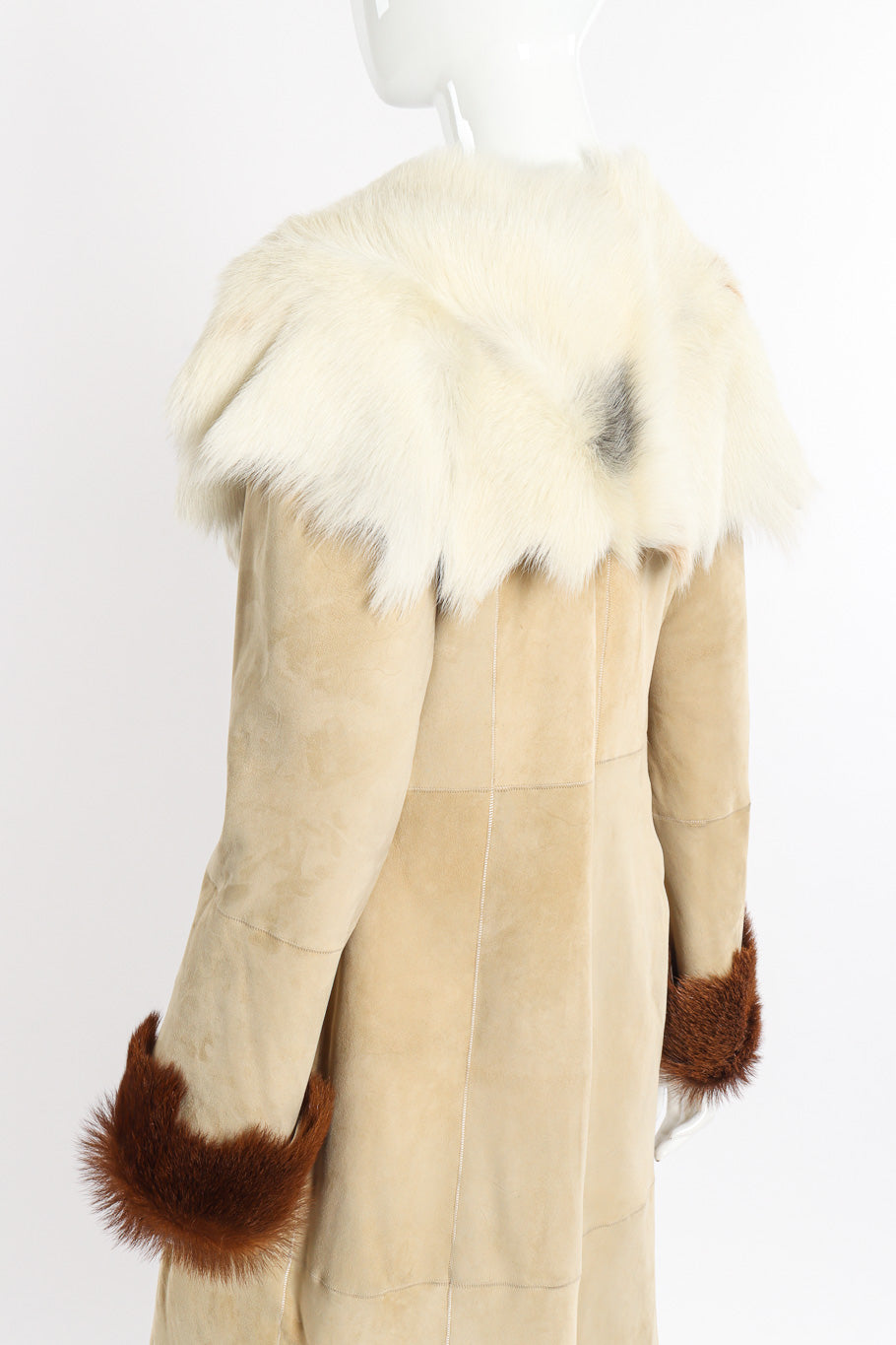Vintage Zandra Rhodes Suede Goat Fur Coat back on mannequin closeup @recessla