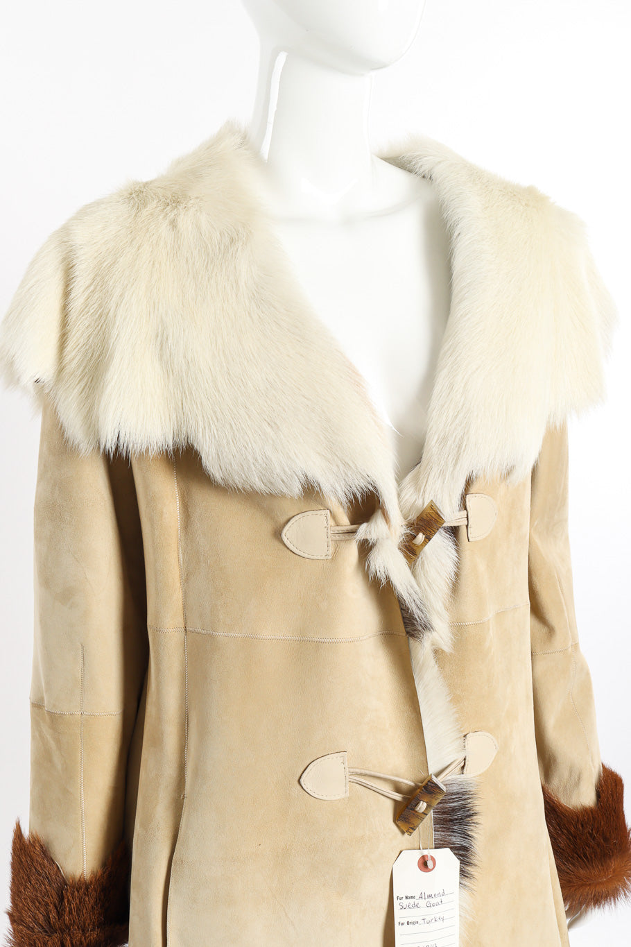 Vintage Zandra Rhodes Suede Goat Fur Coat front on mannequin shawl closeup @recessla