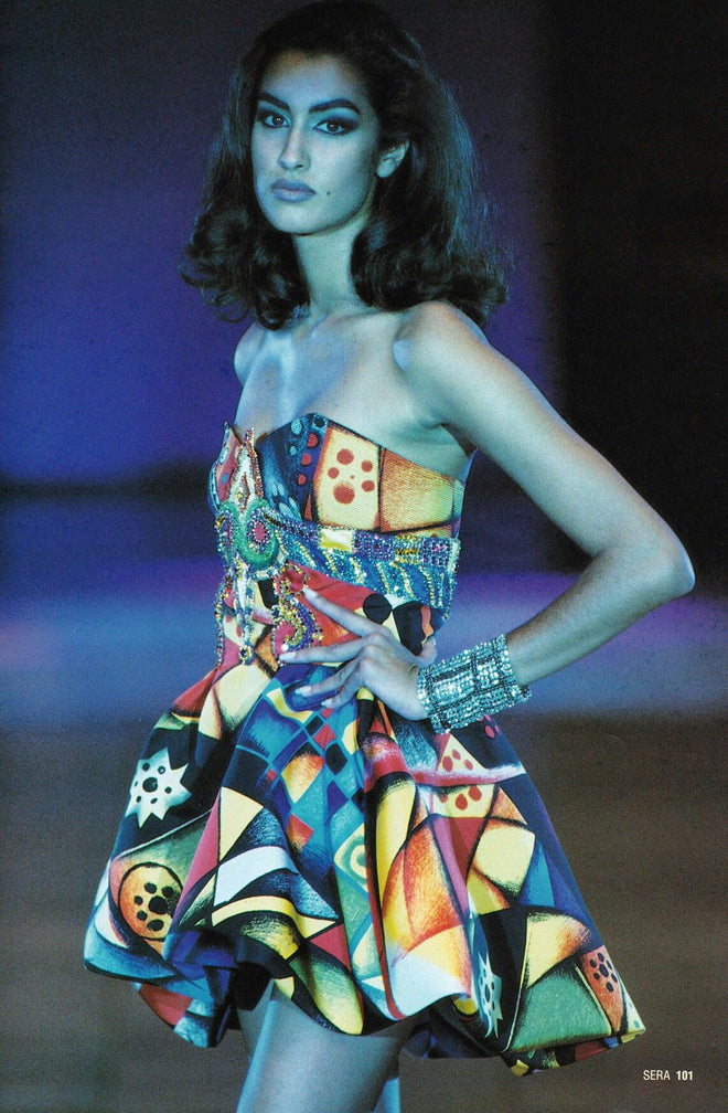 abstract graphic print silk shirt by Gianni Versace print on model on 1991 runway