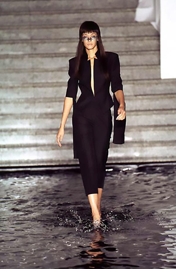 Vintage Alexander McQueen 1997 S/S Tafetta Cutaway Jacket & Skirt Set black version of jacket on runway model @recess la