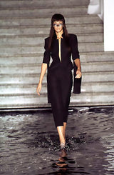 Vintage Alexander McQueen 1997 S/S Tafetta Cutaway Jacket & Skirt Set black version of jacket on runway model @recess la